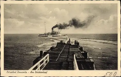 Ak Ostseebad Zinnowitz auf Usedom, Brückenkopf, Dampfer