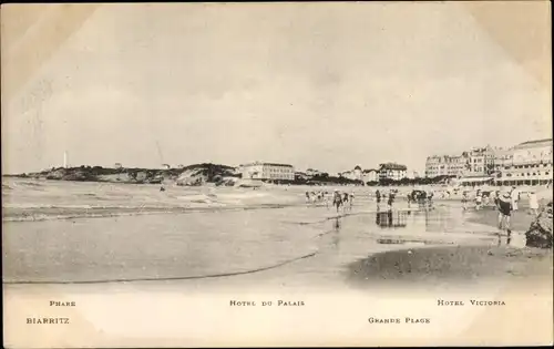 Ak Biarritz Pyrénées Atlantiques, Grande Plage, Hotel du Palais, Hotel Victoria