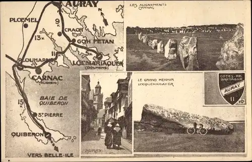 Landkarten Ak Auray Morbihan, Le Grand Menhir, Carnac, Vers Belle Ile