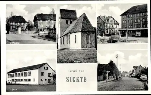 Ak Sickte in Niedersachsen, Dorfstraße, Schule, An der Mühle, Dorfpartie, Kirche