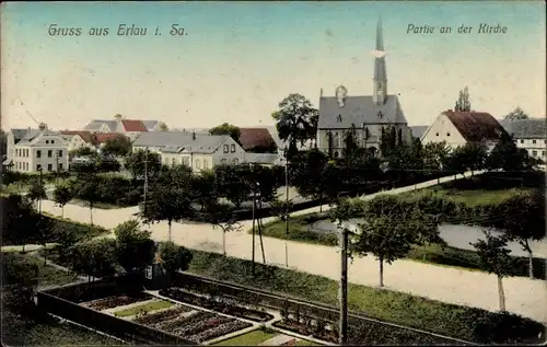Ak Erlau in Sachsen, Partie an der Kirche