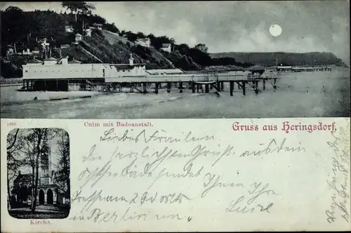 Mondschein Ak Ostseebad Heringsdorf auf Usedom, Culm mit Badeanstalt, Kirche