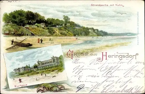 Litho Ostseebad Heringsdorf auf Usedom, Kulm mit Strandpartie, Kurhaus