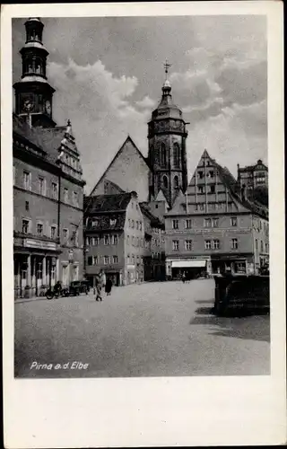 Ak Pirna in Sachsen, Blick auf den Marktplatz, Kirchturm, Giebel