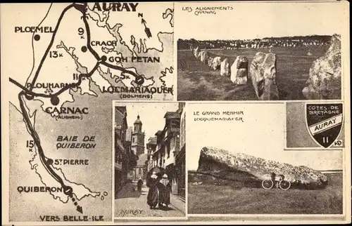 Landkarten Ak Auray Morbihan, Le Grand Menhir, Carnac, Vers Belle Ile