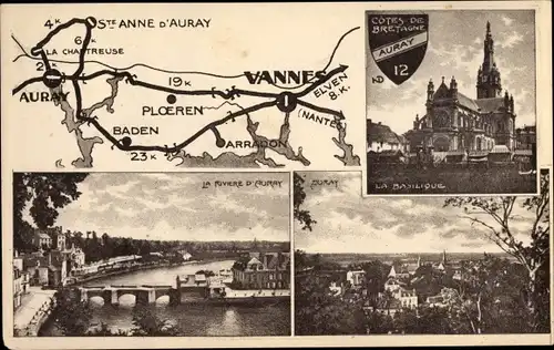 Landkarten Ak Auray Morbihan, La Basilique, Riviere d'Auray, Baden, Ploeran