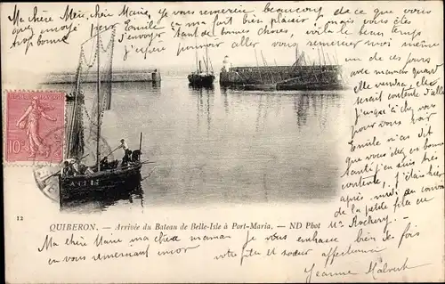 Ak Quiberon Morbihan, Arrivee du Bateau de Belle Isle a Port Maria