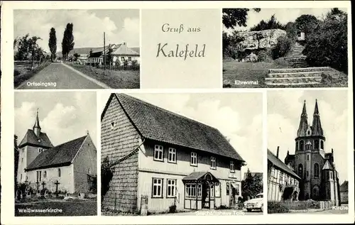 Ak Kalefeld in Niedersachsen, Ortseingang, Kirche, Geschäftshaus M. Tolle, Kolonialwarenhandlung