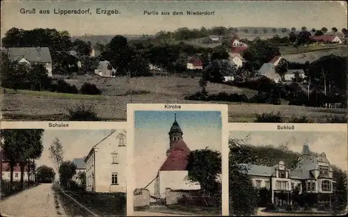 Ak Lippersdorf Lengefeld im Erzgebirge Sachsen, Teilansicht, Schulen, Kirche, Schloss