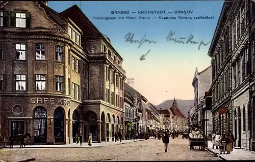 Ak Brașov Brassó Kronstadt Rumänien, Purzengasse mit Hotel Krone