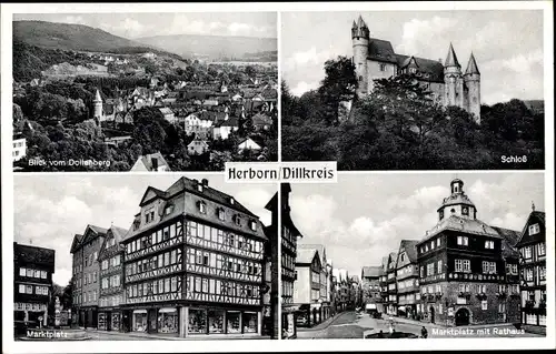 Ak Herborn im Lahn Dill Kreis, Schloss, Marktplatz mit Rathaus, vom Dollenberg 