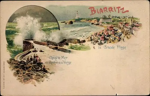 Litho Biarritz Pyrénées Atlantiques, La Grande Plage, Coup de Mer, Rocher Vierge