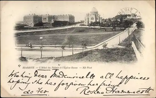 Ak Biarritz Pyrénées Atlantiques, L'Hotel du Palais et l'Eglise Russe