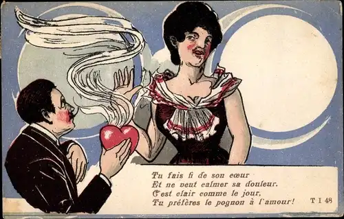 Künstler Ak Tu fais fi de son coeur, Mann mit Herz, Frau wehrt ihn ab