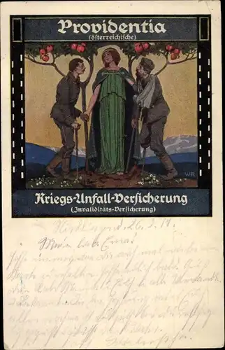 Künstler Ak Österreichische Providentia, Kriegsunfallversicherung, Invaliditätsversicherung