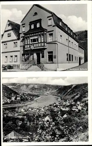 Ak Niederfell an der Mosel, Gasthaus und Metzgerei Schunk, Blick auf den Ort