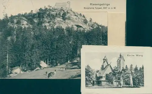 Leporello Ak Sobieszów Hermsdorf Kynast Riesengebirge Schlesien, Burgruine Kynast, Kirche Wang