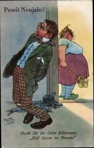 Künstler Ak Thiele, Arthur, Glückwunsch Neujahr, Macht dir die Liebe Schmerzen, Frau, Teppichklopfer