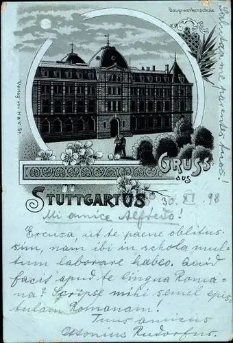 Mondschein Litho Stuttgart am Neckar, Baugewerkenschule