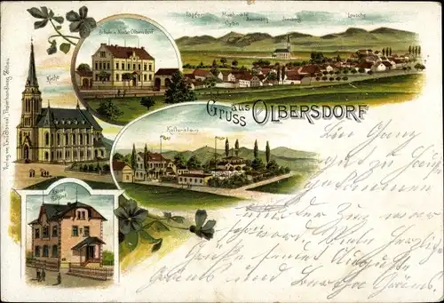 Litho Olbersdorf in Sachsen, Kirche, Totale, Schule, Kaltenstein