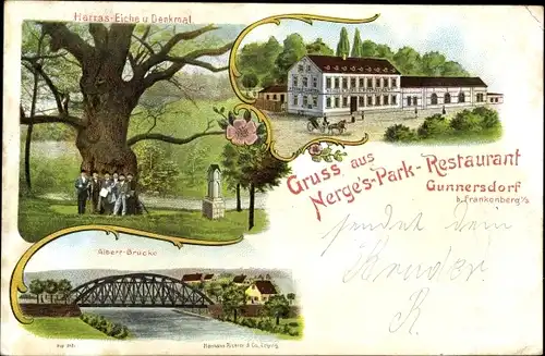 Litho Gunnersdorf Frankenberg an der Zschopau Sachsen, Harras Eiche und Denkmal, Parkrestaurant