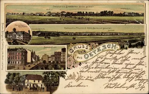 Litho Oetzsch Markkleeberg in Sachsen, Herrenhaus Raschwitz, Gasthaus zur grünen Linde, Bahnhofstr.