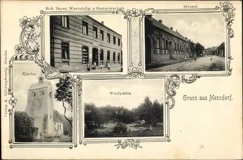 Ak Messdorf Meßdorf Bismark Altmark, Kirche, Straßenpartie, Warenhandlung