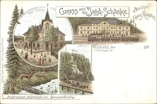 Litho Wilischthal Zschopau, Jagdschänke, Affenstein, Rehe