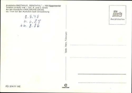 Ak Appenweier in Baden Schwarzwald, Autobahn Raststätte Renchtal