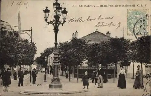 Ak Le Raincy Seine Saint Denis, Rond Point de Montfermeil, lampadaire, piétons