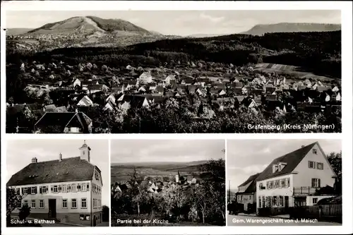 Ak Grafenberg in Württemberg, Gesamtansicht, Schul- und Rathaus, Geschäft J. Maisch