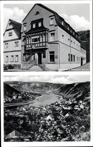 Ak Niederfell an der Mosel, Gasthaus und Metzgerei Schunk, Blick auf den Ort