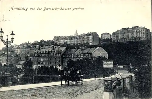 Ak Annaberg Buchholz im Erzgebirge, Stadt von der Bismarckstraße gesehen, Kutsche