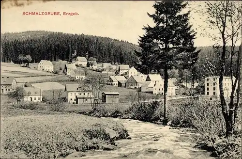 Ak Schmalzgrube Jöhstadt Erzgebirge, Häuser, Bach, Wald