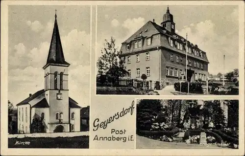 Ak Geyersdorf Annaberg Buchholz Erzgebirge, Rathaus, Kriegerdenkmal, Kirche