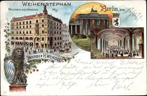 Litho Berlin Mitte, Weihenstephan Friedrichstraße, Inhaber H. Wendel, Brandenburger Tor