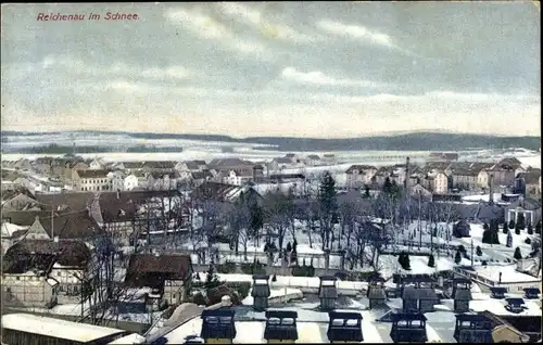 Ak Bogatynia Reichenau Schlesien, Blick auf den Ort im Winter