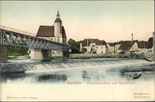 Ak Rochlitz an der Mulde, Eisenbahnbrücke, Muldenwehr