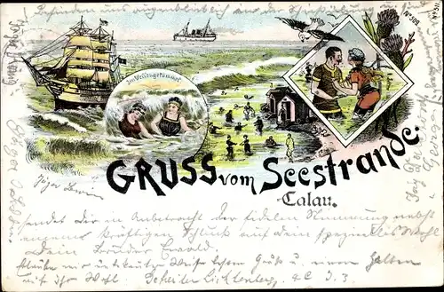 Litho Calau in der Niederlausitz, Gruß vom Seestrande, Segelschiff