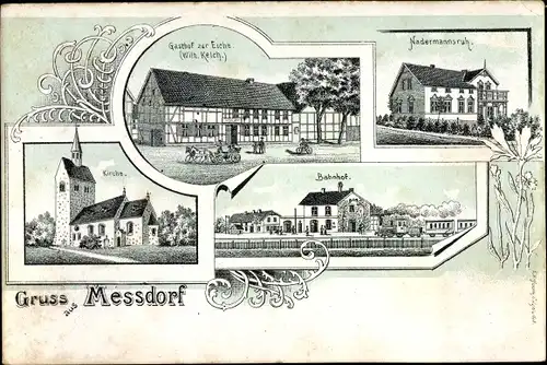 Litho Messdorf Meßdorf Bismark in der Altmark, Nadermannsruh, Gasthof zur Eiche, Bahnhof, Kirche
