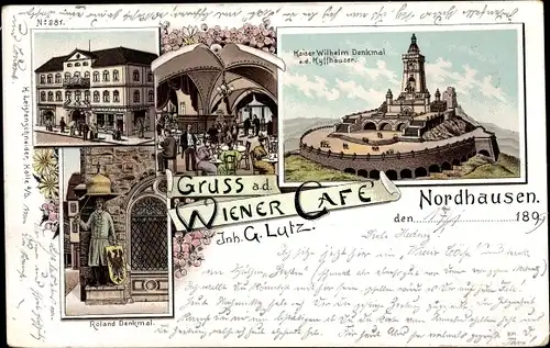 Litho Nordhausen am Harz, Wiener Cafe, Innenansicht, Roland, Kaiser Wilhelm Denkmal Kyffhäuser