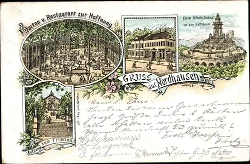 Litho Nordhausen am Harz, Restaurant zur Hoffnung, Trianon, Kaiser Wilhelm Denkmal Kyffhäuser