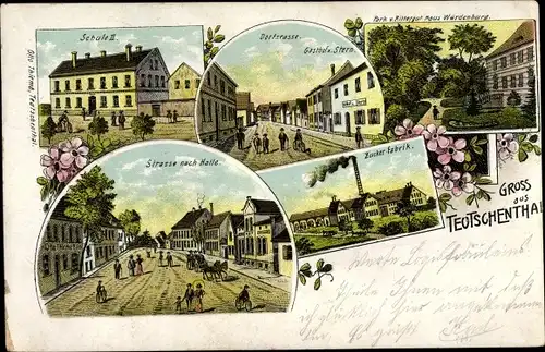 Litho Teutschenthal im Saalekreis, Zuckerfabrik, Rittergut Haus Würdenburg, Schule II, Gasthof Stern