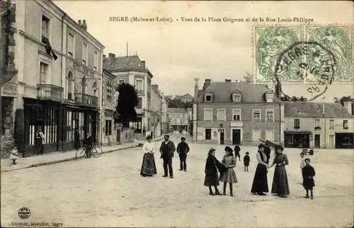 Ak Segré Maine et Loire, Vues de la Place Grignon et la Rue Louis Philippe