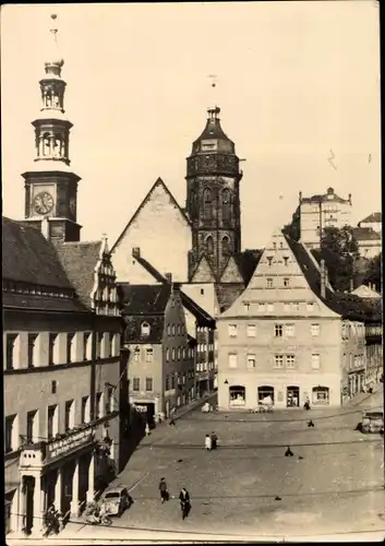 Ak Pirna an der Elbe, Teilansicht, Marktplatz, Geschäfte, Türme