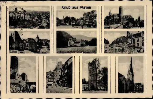 Ak Mayen in Rheinland Pfalz, Markt, Brückentor, Rathaus, Genoveva Burg, Kloster Helgoland