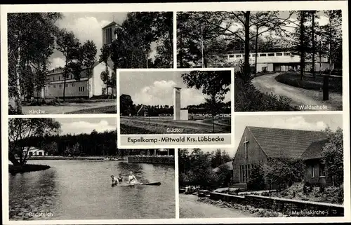 Ak Mittwald Espelkamp in Ostwestfalen Lippe, Kirche, Waldschule, Badeteich, Martinskirche, Südtor