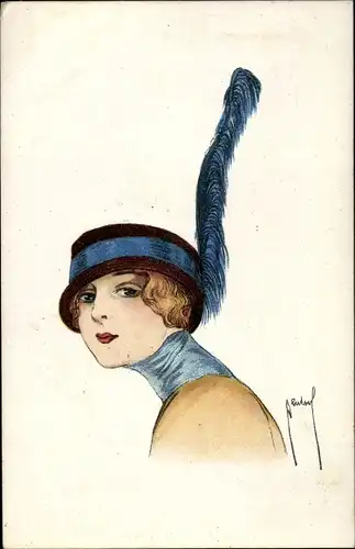 Künstler Ak Portrait einer Frau mit Federhut