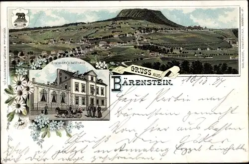 Litho Bärenstein Erzgebirge, Gesamtansicht, Gasthaus Gehlert