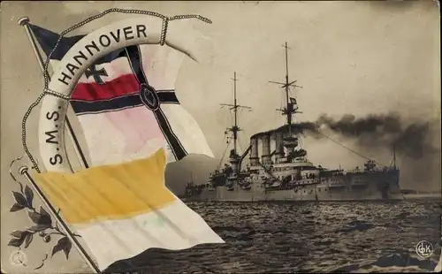 Ak Deutsches Kriegsschiff, SMS Hannover, Kaiserliche Marine, Fahnen, NPG